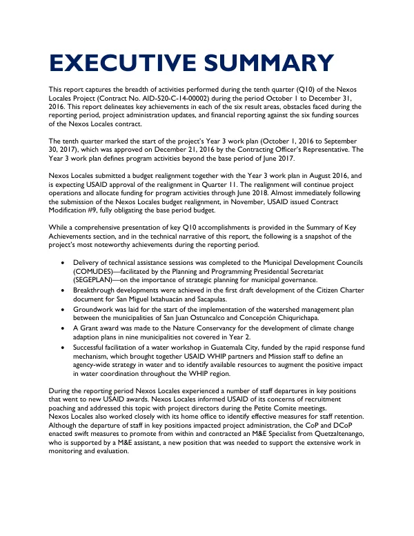 Tenth Quarter Report: Nexos Locales Project (Contract No. AID-520-C-14-00002)