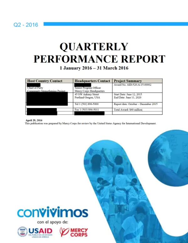 Convivimos Project: Progress Report January 1 to March 31, 2016