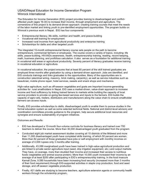 USAID/Nepal Education for Income Generation Program