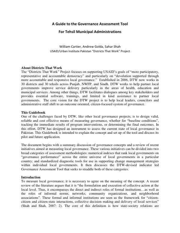 A guide to the governance assessment tool for Tehsil Municipal Administrations