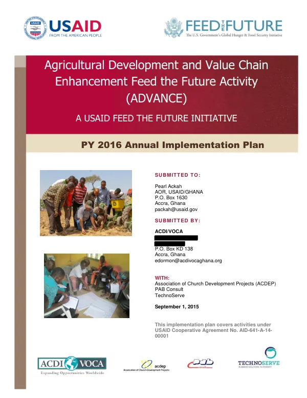 PY 2016 Annual Implementation Plan for Agricultural Development and Value Chain Enhancement Feed the Future Activity (ADVANCE)