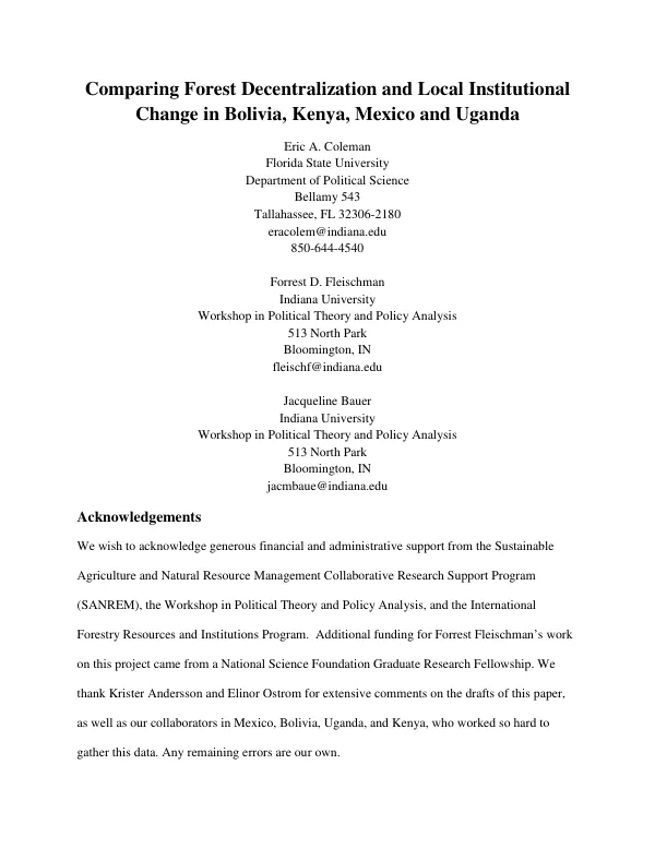 Comparing forest decentralization and local institutional change in Bolivia, Kenya, Mexico and Uganda