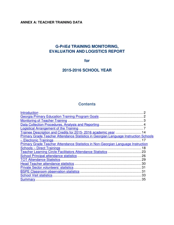 G-PriEd TRAINING MONITORING, EVALUATION AND LOGISTICS REPORT for 2015-2016 SCHOOL YEAR