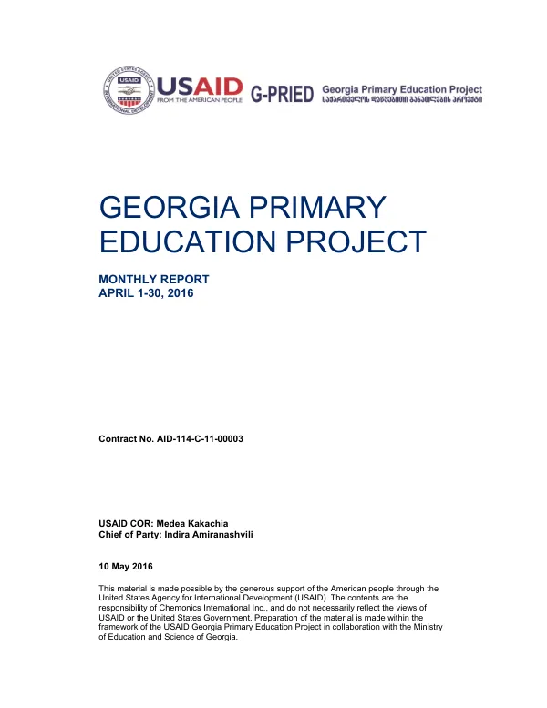 Georgia Primary Education Project Monthly Report April 1-30, 2016