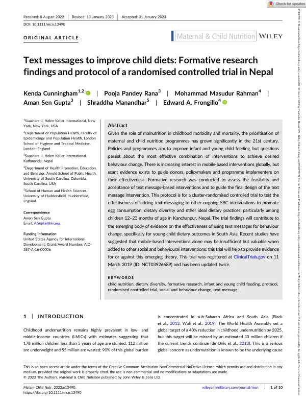 Text messages to improve child diets: Formative research findings and protocol of a randomised controlled trial in Nepal