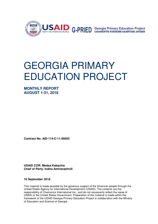 Georgia Primary Education Project Monthly Report August 1-31, 2016