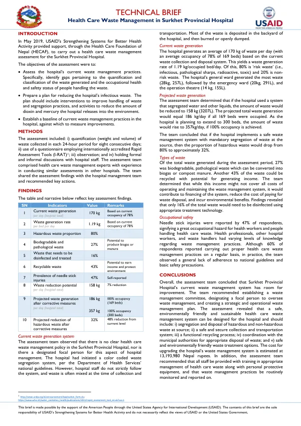 Technical Brief - Health Care Waste Management in Surkhet Provincial Hospital