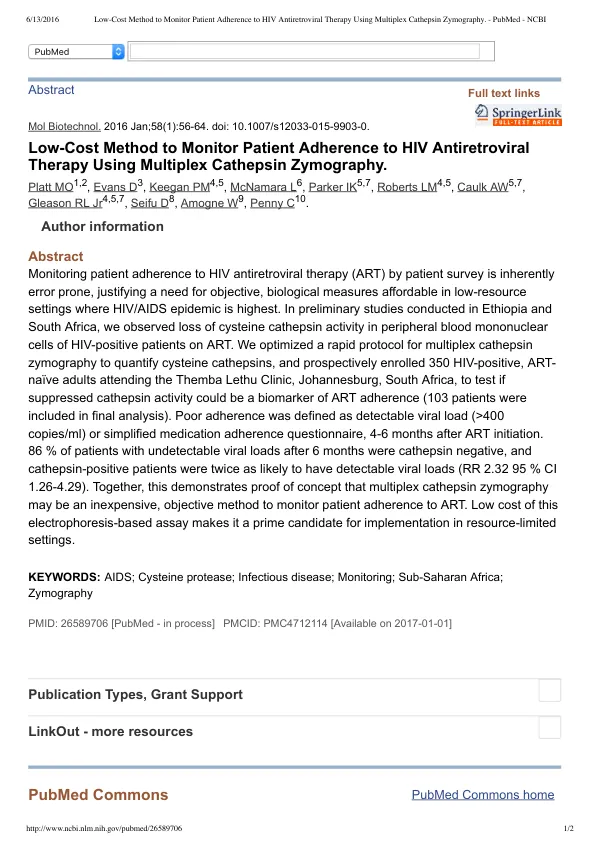 Low-Cost Method to Monitor Patient Adherence to HIV Antiretroviral Therapy Using Multiplex Cathepsin Zymography
