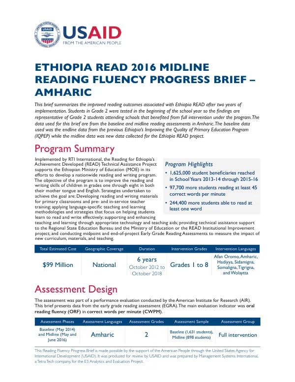 Ethiopia READ 2016 Midline Reading Fluency Progress Brief – Amharic