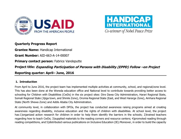 Quarterly Progress Report: Expanding Participation of Persons with Disability (EPPD) Follow –on Project