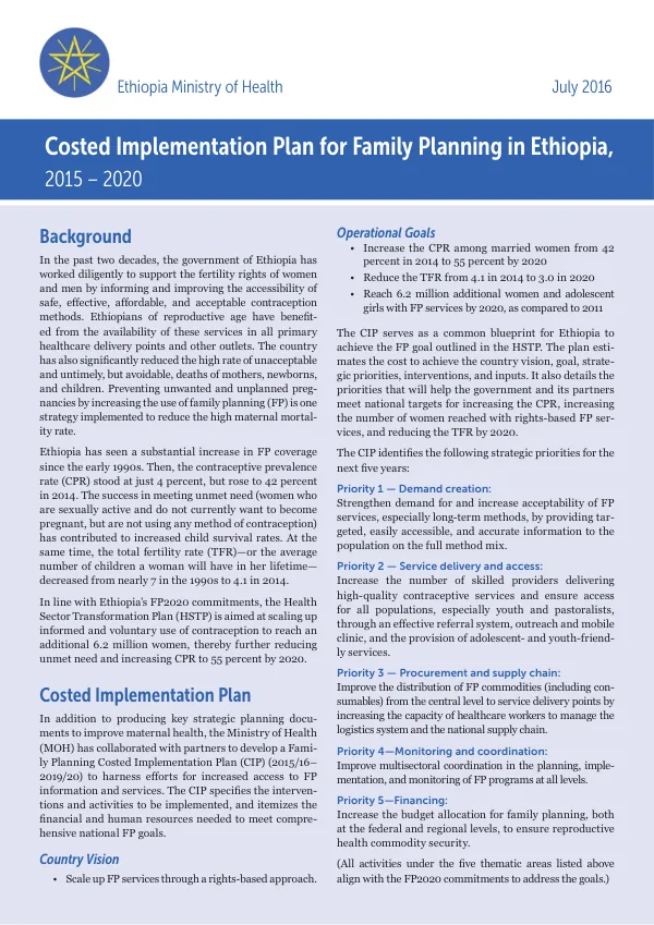 Costed Implementation Plan for Family Planning in Ethiopia, 2015-2020