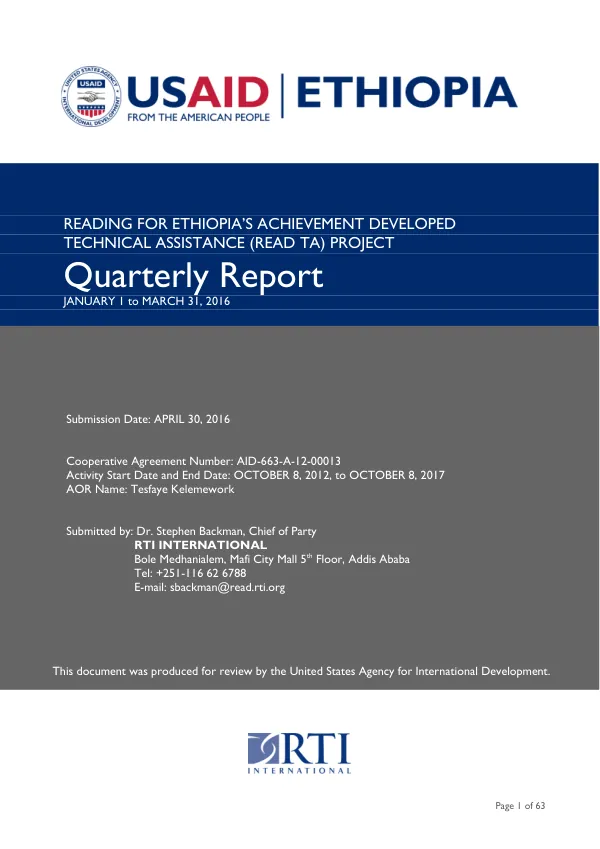 Quarterly Report: Reading for Ethiopia’s Achievement Developed Technical Assistance (READ TA) Project