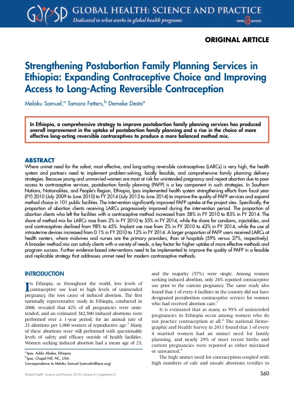 Strengthening Postabortion Family Planning Services in Ethiopia: Expanding Contraceptive Choice and Improving Access to Long-Acting Reversible Contraception