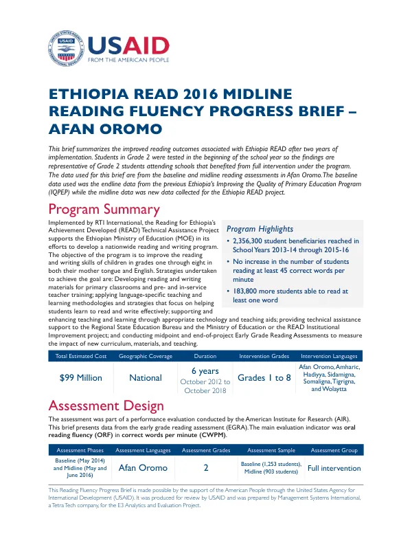 Ethiopia READ 2016 Midline Reading Fluency Progress Brief – Afan Oromo