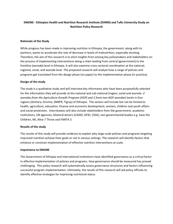 ENGINE - Ethiopian Health and Nutrition Research Institute (EHNRI) and Tufts University Study on Nutrition Policy Research