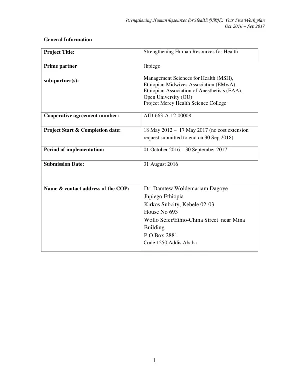 Strengthening Human Resources for Health (HRH): Year Five Work plan