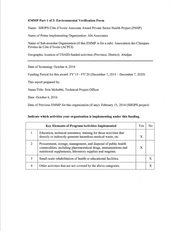 PSHP Cote d'Ivoire EMMP and EMMR FY2016