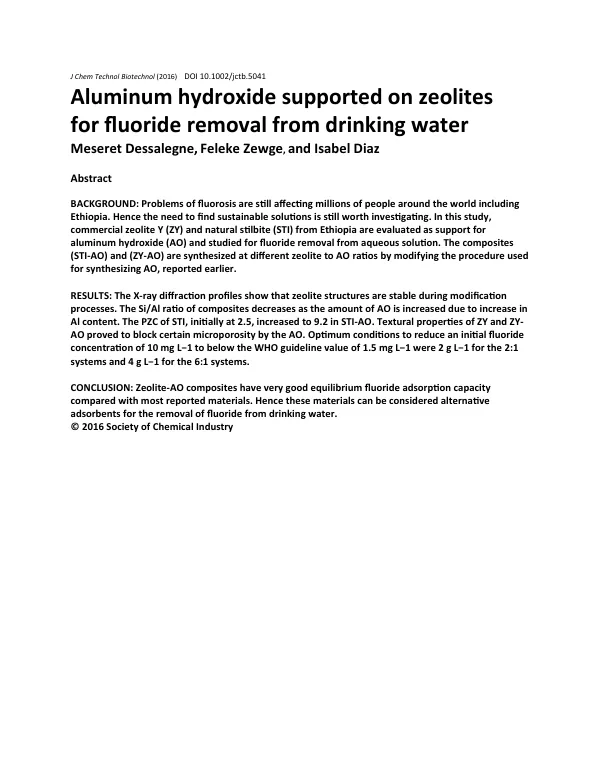 Aluminum hydroxide supported on zeolites for ﬂuoride removal from drinking water