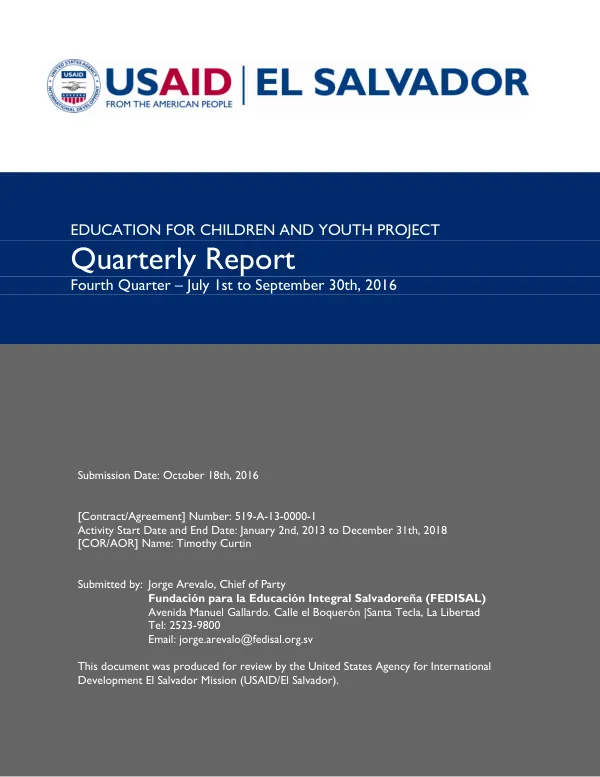 Education for Children and Youth Project Quarterly Report Fourth Quarter – July 1st to September 30th, 2016