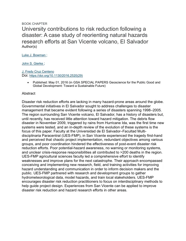 University contributions to risk reduction following a disaster: A case study of reorienting natural hazards research efforts at San Vicente volcano, El Salvador