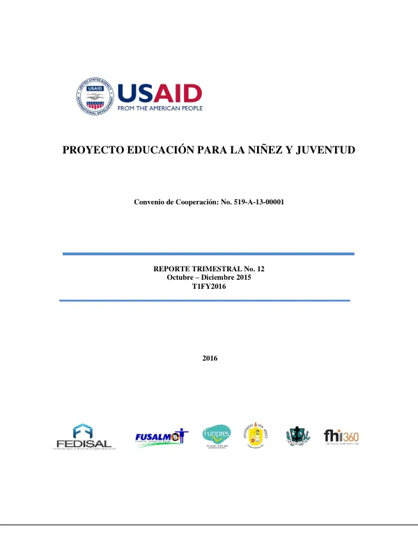 Proyecto Educación para la Niñez y Juventud: Reporte Trimestral No. 12