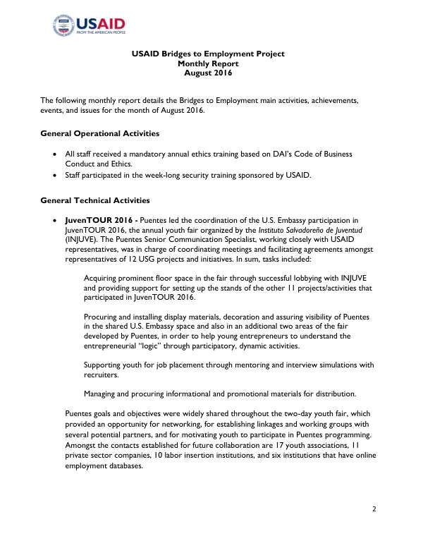 USAID Bridges to Employment Project Monthly Report August 2016