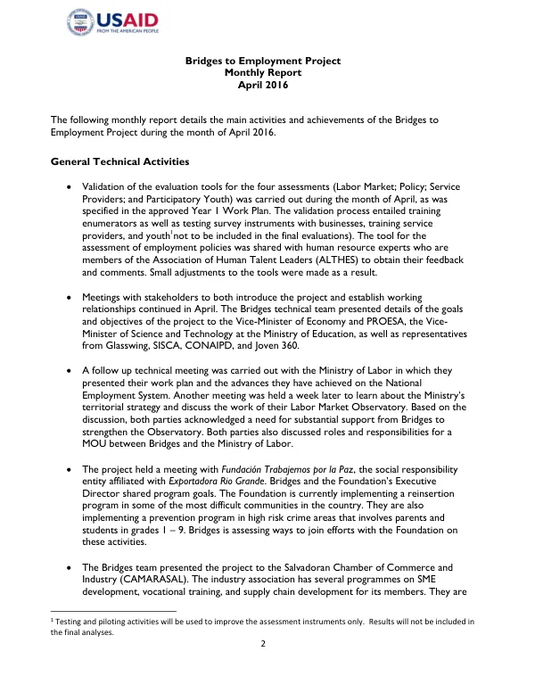 Bridges to Employment Project Monthly Report April 2016