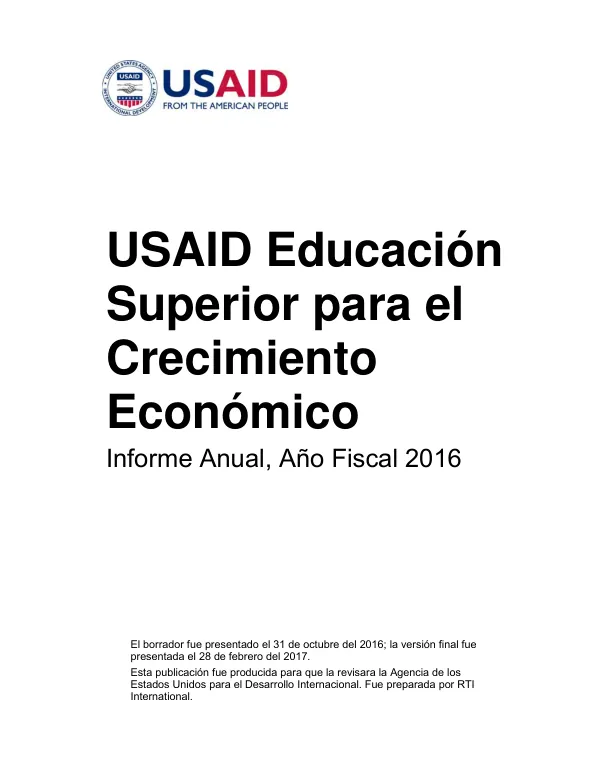 USAID Educación Superior para el Crecimiento Económico Informe Anual, Año Fiscal 2016