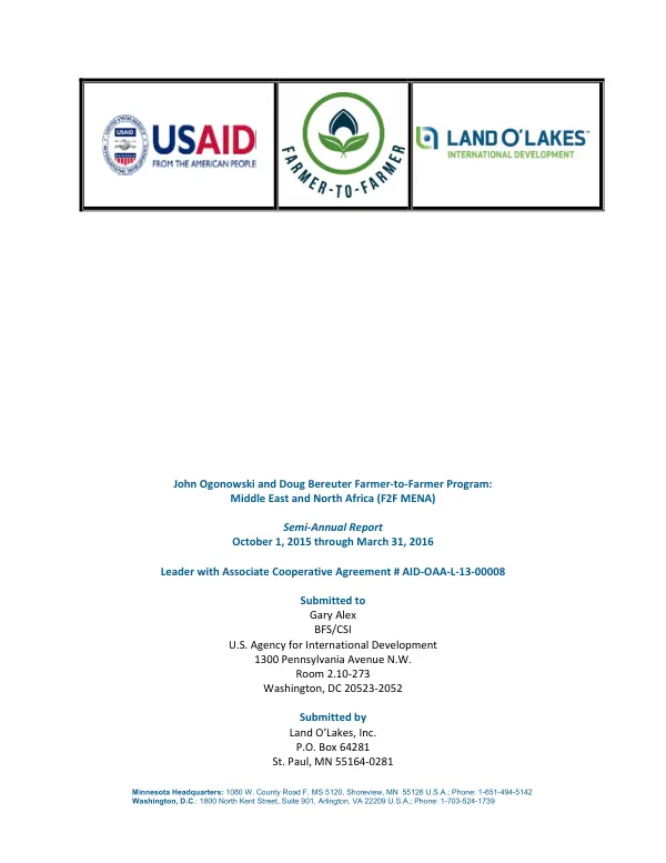 Semi-Annual Report October 1, 2015 through March 31, 2016: Farmer-to-Farmer Program: Middle East and North Africa (F2F MENA)