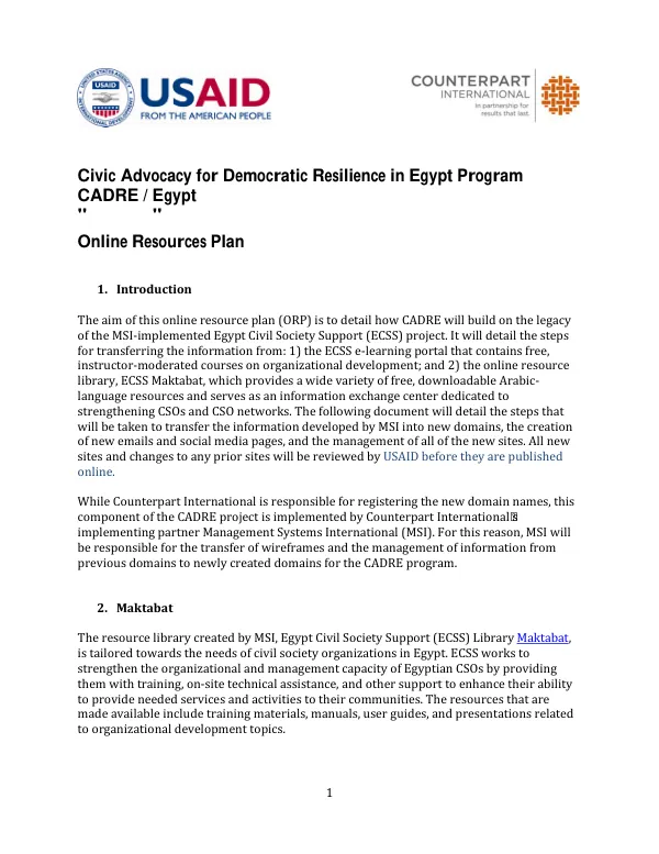 Online Resource Plan for Civic Advocacy for Democratic Resilience in Egypt Program