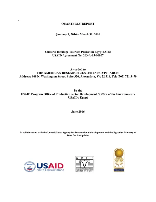 Quarterly Report: Cultural Heritage Tourism Project in Egypt (APS) January 1, 2016 – March 31, 2016
