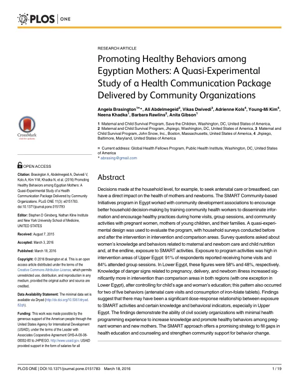 Promoting Healthy Behaviors among Egyptian Mothers: A Quasi-Experimental Study of a Health Communication Package Delivered by Community Organizations
