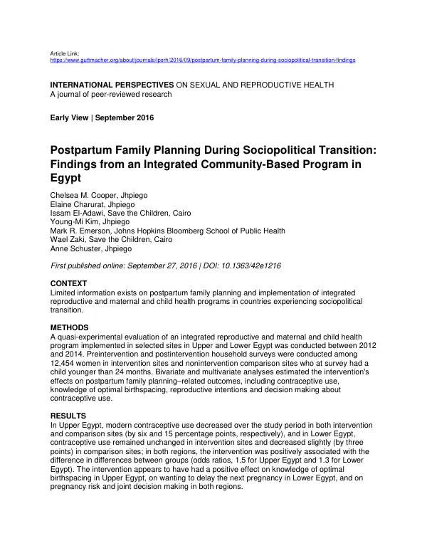 Postpartum Family Planning During Sociopolitical Transition: Findings from an Integrated Community-Based Program in Egypt