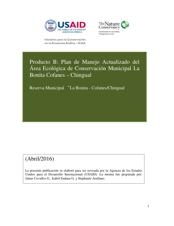 Plan de Manejo del Área Ecológica de Conservación Municipal La Bonita Cofanes - Chingual