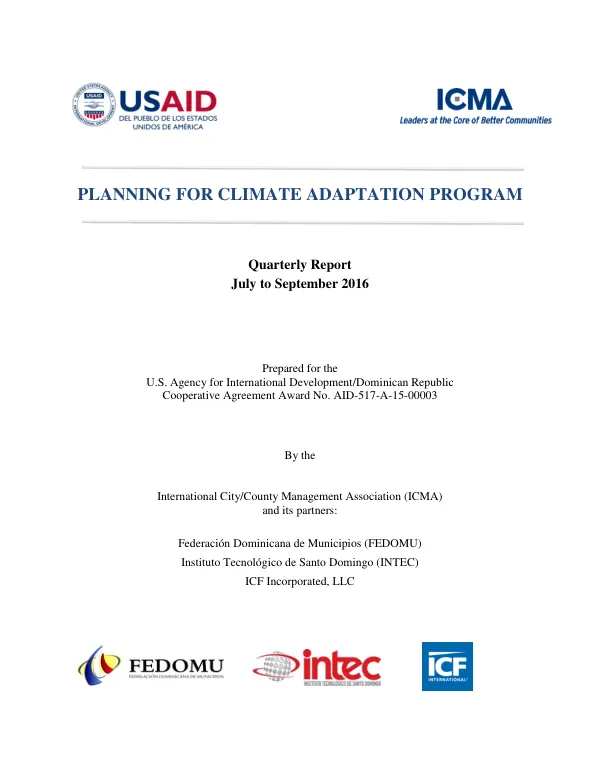 USAID/ICMA Planning for Climate Adaptation Program – Quarterly Report July to September 2016