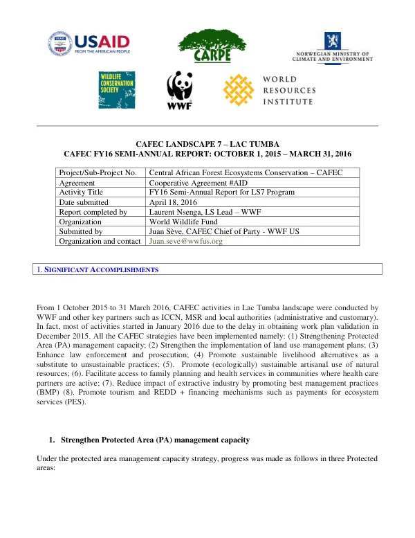 CAFEC FY16 SEMI-ANNUAL REPORT: OCTOBER 1, 2015 – MARCH 31, 2016
