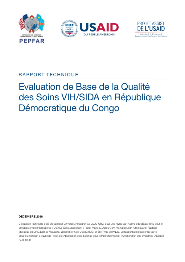 Evaluation de Base de la Qualité des Soins VIH/SIDA en République Démocratique du Congo