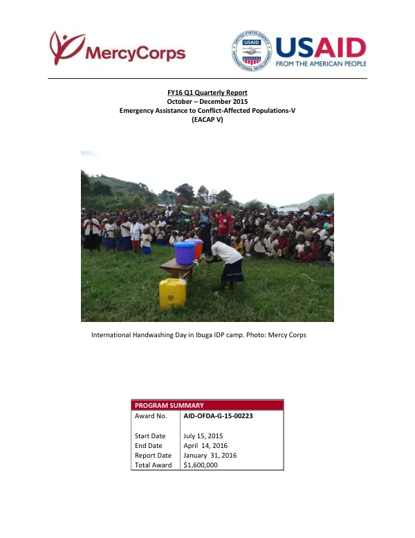 FY16 Q1 Quarterly Report Emergency Assistance to Conflict-Affected Populations-V (EACAP V)