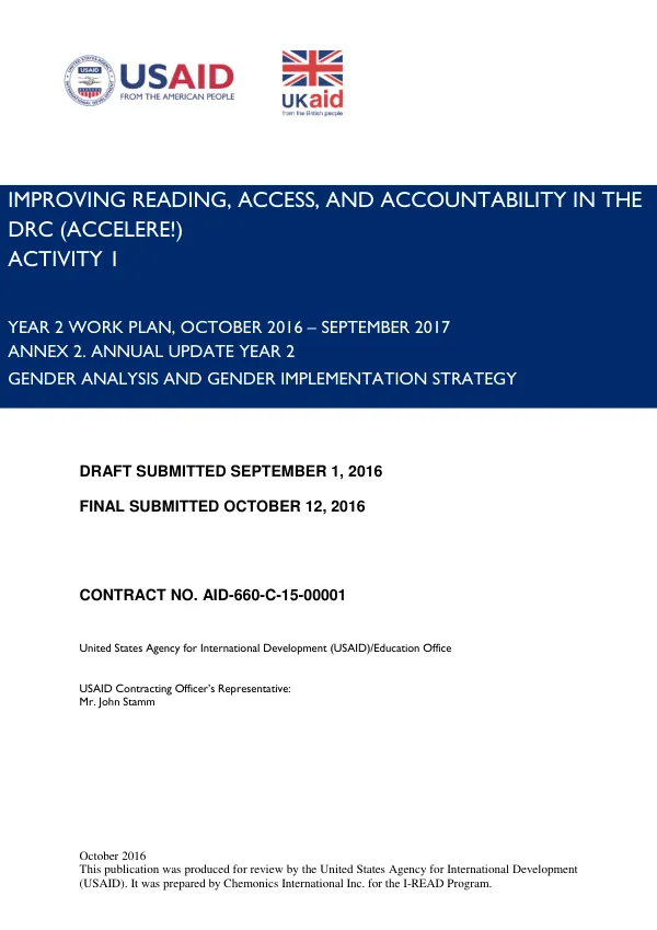 Improving Reading, Equity, and Accountability in the DRC (ACCELERE!) Program – Activity 1: YEAR 2 WORK PLAN, OCTOBER 2016 – SEPTEMBER 2017 ANNEX 2. ANNUAL UPDATE YEAR 2 GENDER ANALYSIS AND GENDER IMPLEMENTATION STRATEGY