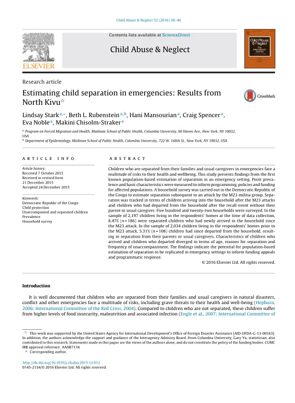 Estimating child separation in emergencies: Results from North Kivu