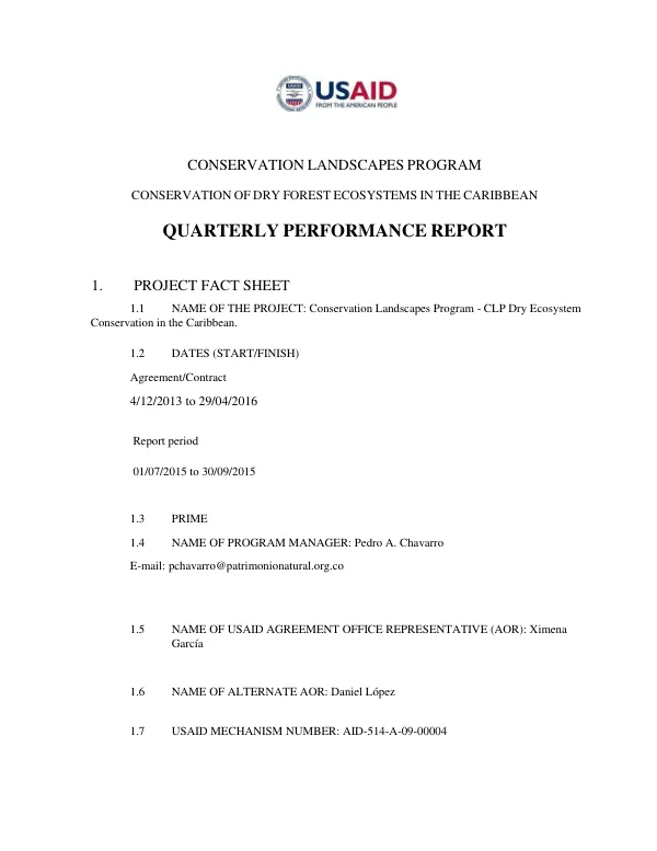 Conservation Landscapes Program - CLP Dry Ecosystem Conservation in the Caribbean: Quarterly Performance Report