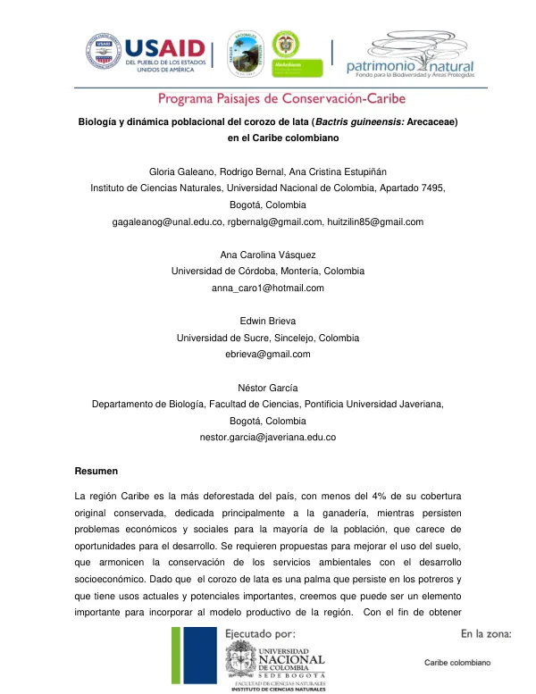 Biología y dinámica poblacional del corozo de lata (Bactris guineensis: Arecaceae) en el Caribe colombiano