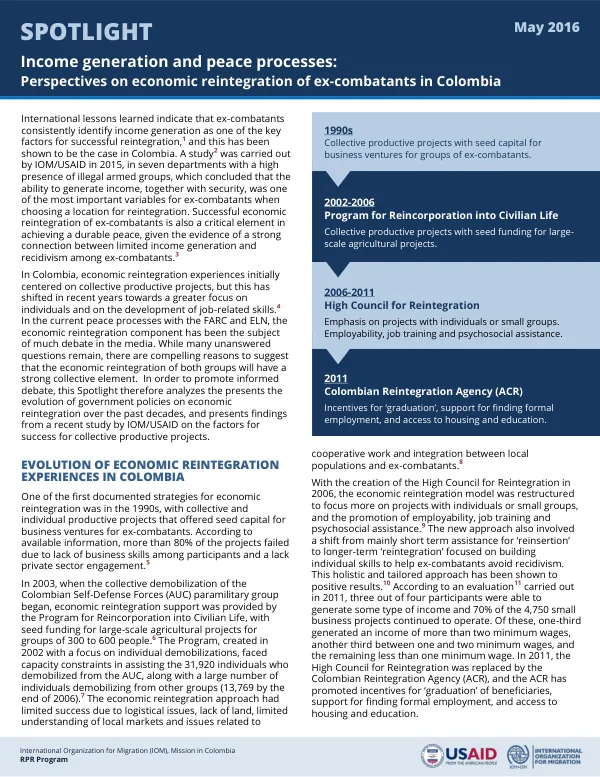Income generation and peace processes: Perspectives on economic reintegration of ex-combatants in Colombia