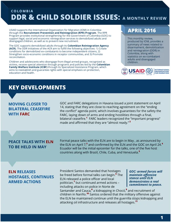 DDR & CHILD SOLDIER ISSUES: A MONTHLY REVIEW C O L O M B IA