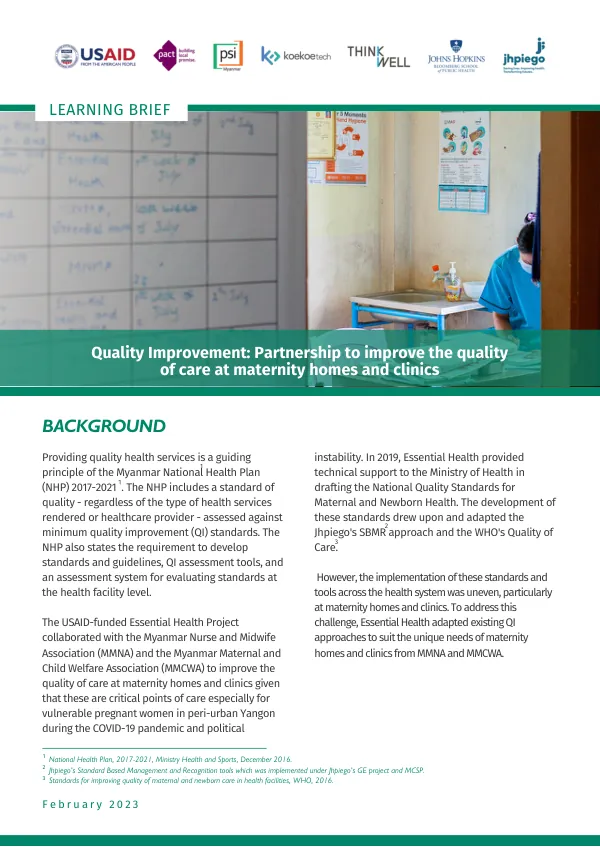 Quality Improvement: Partnership to improve the quality of care at maternity homes and clinics