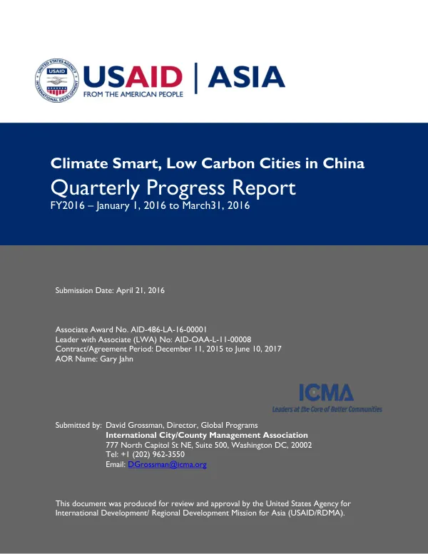 Climate Smart, Low Carbon Cities in China: Quarterly Progress Report FY2016 – January 1, 2016 to March 31, 2016