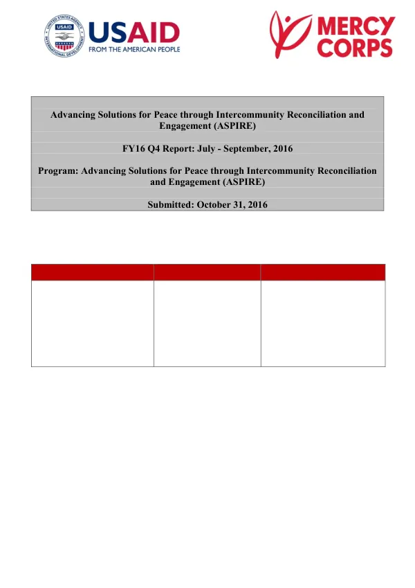 Advancing Solutions for Peace through Intercommunity Reconciliation and Engagement (ASPIRE) FY16 Q4 Report: July - September, 2016