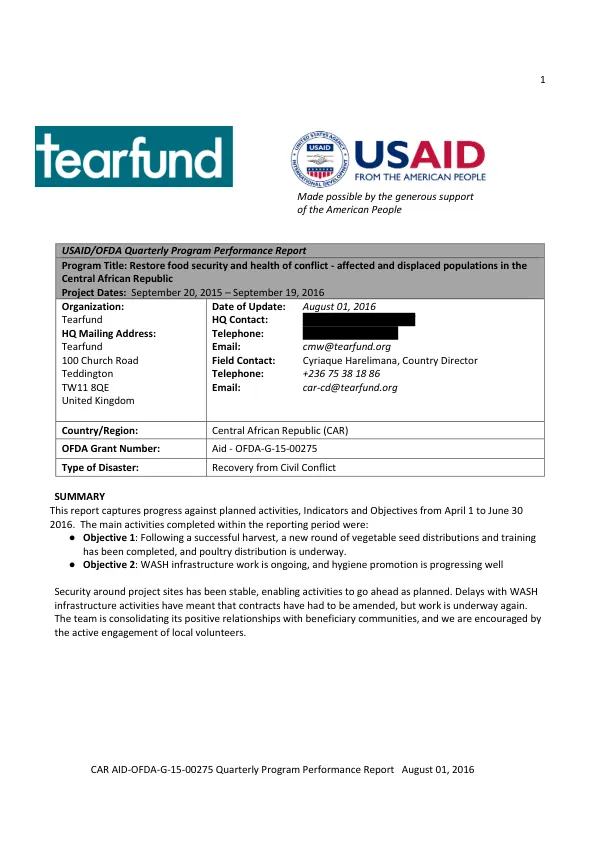 CAR AID-OFDA-G-15-00275 Quarterly Program Performance Report