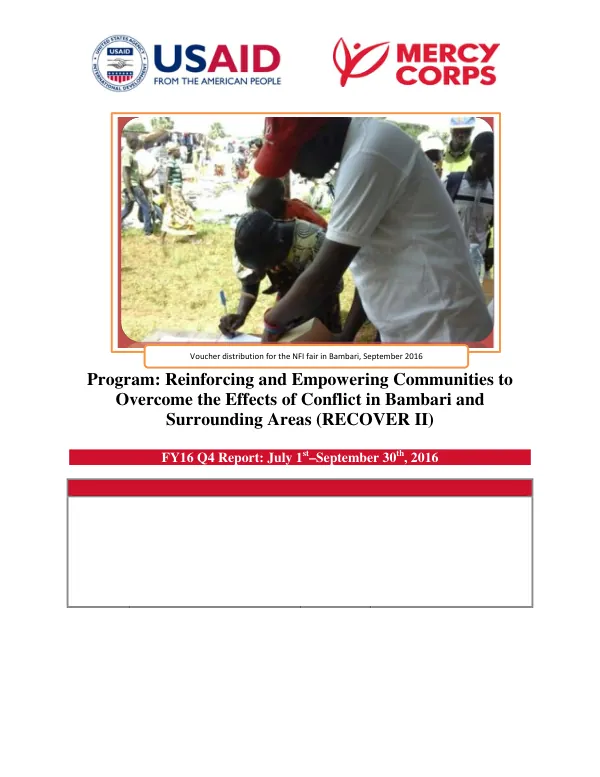 Reinforcing and Empowering Communities to Overcome the Effects of Conflict in Bambari and Surrounding Areas (RECOVER II) FY16 Q4 Report