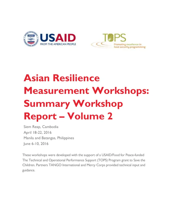 Asian Resilience Measurement Workshops: Summary Workshop Report – Volume 2